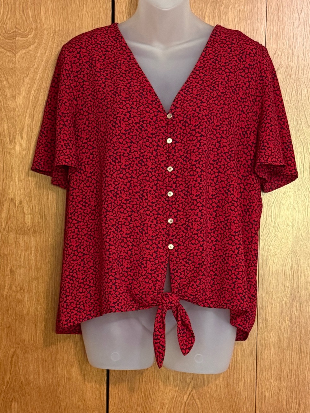 Michael Kors Red Short-Sleeve Button Down Tie-Front Blouse Large NWOT